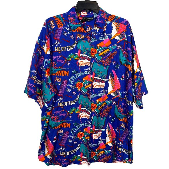 IB Diffusion Button Up Shirt Womens 24W Blue Graphic Destination Vacation Rayon - Picture 1 of 6